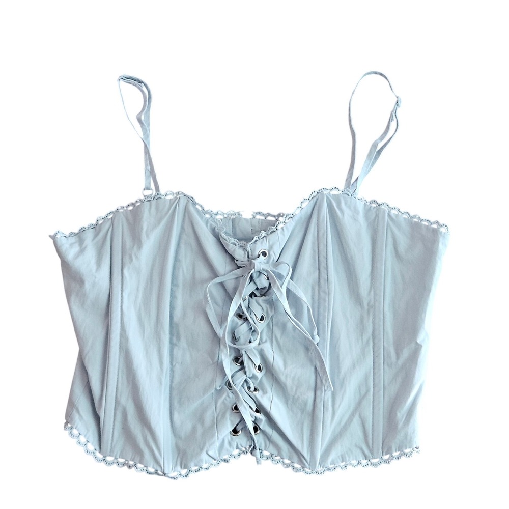 Beverly and Beck Light Blue Cotton Lace Up Corset Cami Top Eyelet Trim Small